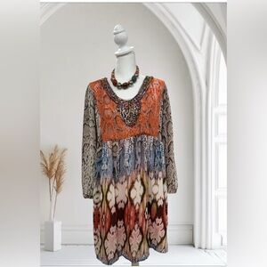 Bohemian Orange and Blue Midi Dress GUC